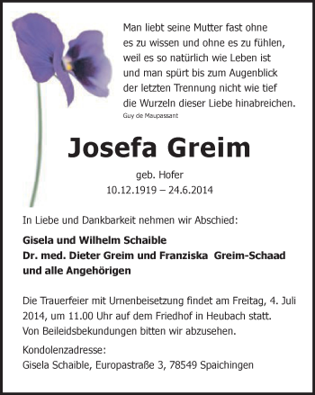 Traueranzeige von Josefa Greim von Gmünder Tagespost