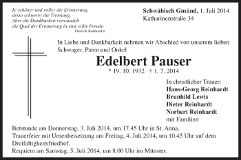 Traueranzeige von Edelbert Pauser von Gmünder Tagespost
