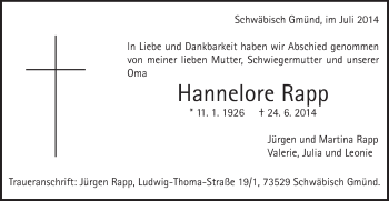 Traueranzeige von Hannelore Rapp von Gmünder Tagespost