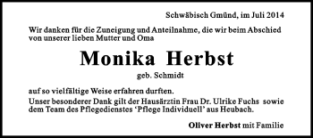 Traueranzeige von Monika Herbst von Gmünder Tagespost