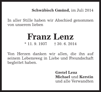 Traueranzeige von Franz Lenz von Gmünder Tagespost