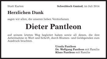 Traueranzeige von Dieter Pantleon von Gmünder Tagespost