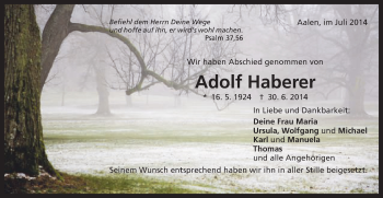 Traueranzeige von Adolf Haberer von Schwäbische Post
