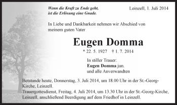 Traueranzeige von Eugen Domma von Gmünder Tagespost