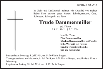 Traueranzeige von Trude Dammenmiller von Gmünder Tagespost