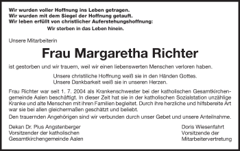 Traueranzeige von Margaretha Richter von Schwäbische Post