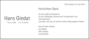 Traueranzeige von Hans Giedat von Gmünder Tagespost