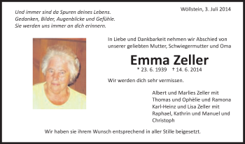 Traueranzeige von Emma Zeller von Schwäbische Post