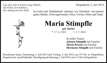 Traueranzeige von Maria Stimpfle von Schwäbische Post