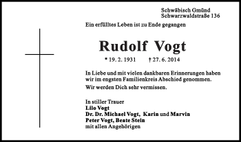 Traueranzeige von Rudolf Vogt von Gmünder Tagespost