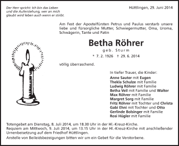 Traueranzeige von Betha Röhrer von Schwäbische Post