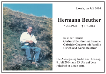 Traueranzeige von Hermann Beuther von Gmünder Tagespost