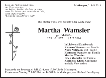 Traueranzeige von Martha Wamsler von Gmünder Tagespost