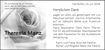 Traueranzeige von Theresia Manz von Gmünder Tagespost