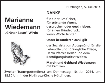 Traueranzeige von Marianne Wiedemann von Schwäbische Post