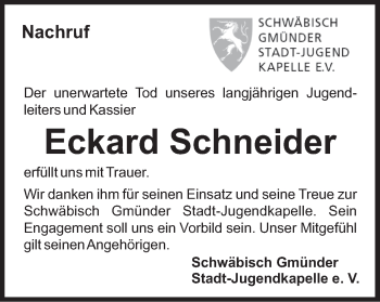 Traueranzeige von Eckard Schneider von Gmünder Tagespost