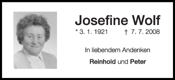 Traueranzeige von Josefine Wolf von Schwäbische Post