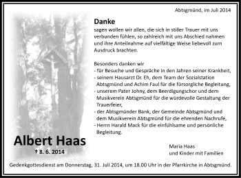 Traueranzeige von Albert Haas von Schwäbische Post