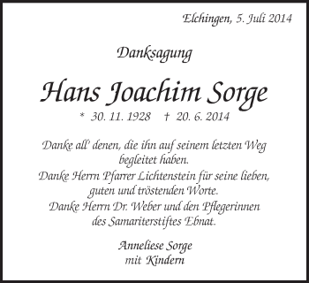 Traueranzeige von Hans Joachim Sorge von Schwäbische Post