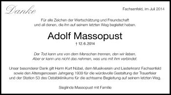 Traueranzeige von Adolf Massopust von Schwäbische Post