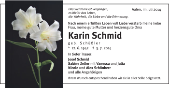 Traueranzeige von Karin Schmid von Schwäbische Post
