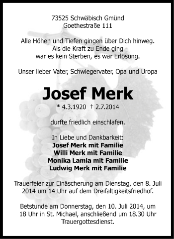 Traueranzeige von Josef Merk von Gmünder Tagespost