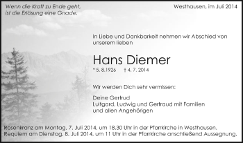 Traueranzeige von Hans Diemer von Schwäbische Post