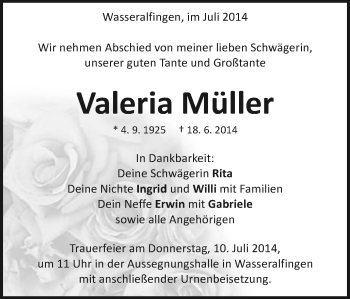 Traueranzeige von Valeria Müller von Schwäbische Post