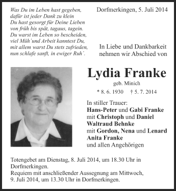 Traueranzeige von Lydia Franke von Schwäbische Post