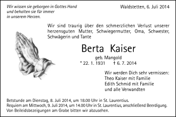 Traueranzeige von Berta Kaiser von Gmünder Tagespost