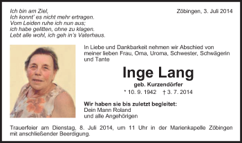 Traueranzeige von Inge Lang von Schwäbische Post