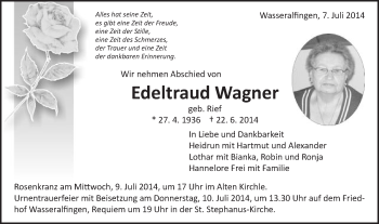 Traueranzeige von Edeltraud Wagner von Schwäbische Post