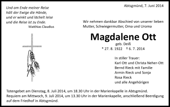 Traueranzeige von Magdalene Ott von Schwäbische Post