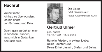 Traueranzeige von Gertrud Ulmer von Schwäbische Post