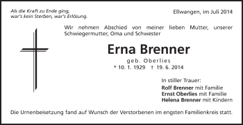 Traueranzeige von Erna Brenner von Schwäbische Post