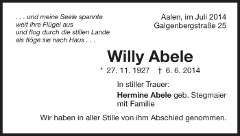 Traueranzeige von Willy Abele von Schwäbische Post