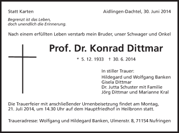 Traueranzeige von Konrad Dittmar von Schwäbische Post