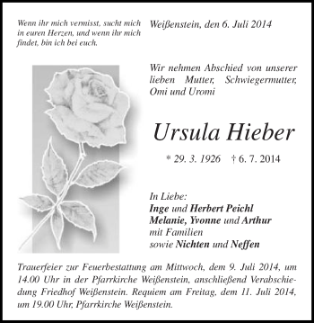 Traueranzeige von Ursula Hieber von Gmünder Tagespost
