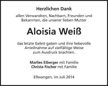 Traueranzeige von Aloisia Weiß von Schwäbische Post