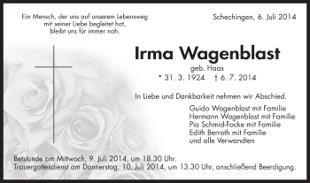 Traueranzeige von Irma Wagenblast von Gmünder Tagespost