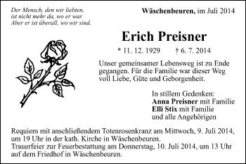 Traueranzeige von Erich Preisner von Gmünder Tagespost