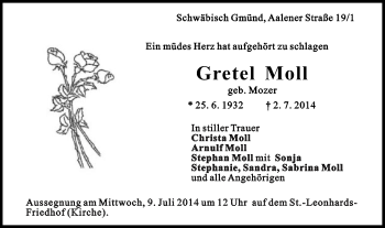 Traueranzeige von Gretel Moll von Gmünder Tagespost