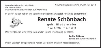 Traueranzeige von Renate Schönbach von Schwäbische Post