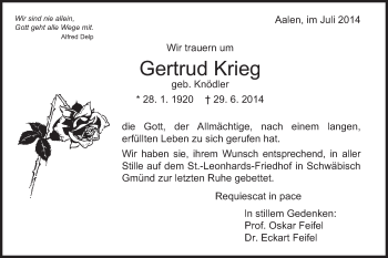 Traueranzeige von Gertrud Krieg von Gmünder Tagespost