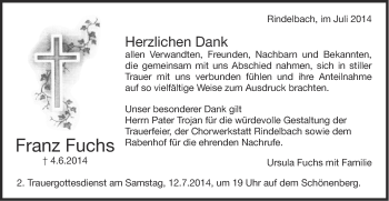Traueranzeige von Franz Fuchs von Schwäbische Post