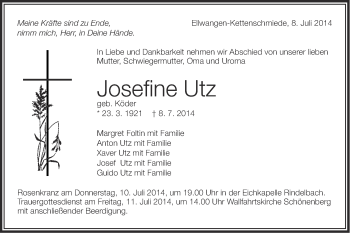 Traueranzeige von Josefine Utz von Schwäbische Post