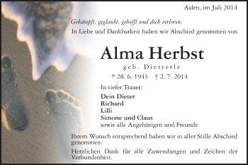 Traueranzeige von Alma Herbst von Schwäbische Post