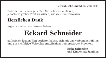 Traueranzeige von Eckard Schneider von Gmünder Tagespost