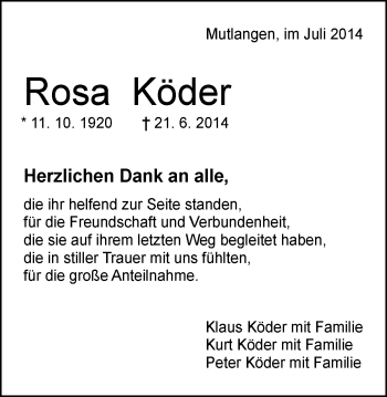 Traueranzeige von Rosa Köder von Gmünder Tagespost