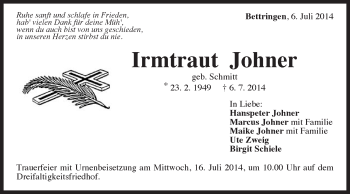 Traueranzeige von hmtraut Johner von Gmünder Tagespost